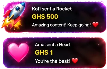 Gift alerts reading: Kofi sent a Rocket, GHS 500, and Ama sent a Heart, GHS 1
