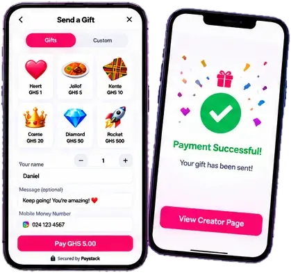 The TikAfrika gift screen and a Payment Successful confirmation